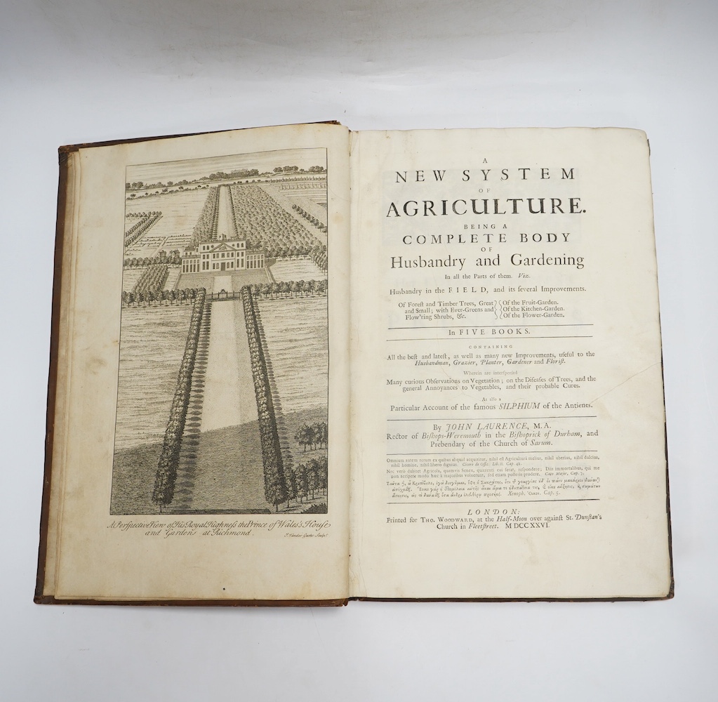 Laurence, John - A New System of Agriculture. Being a complete body of husbandry and gardening....1st edition. frontis. 2 plates, engraved text illus., head and tailpiece decorations; contemp. blind decorated panelled ca